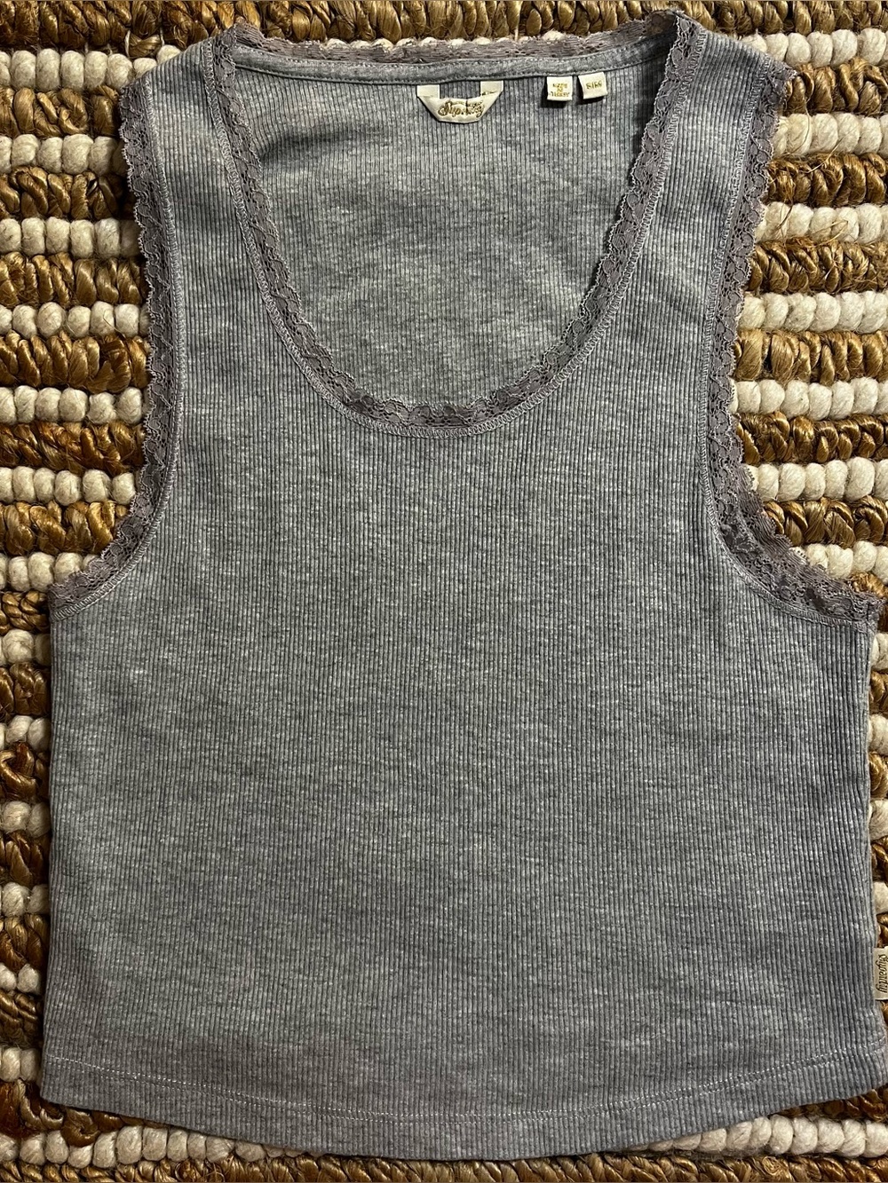 Superdry Grey Ribbed Lace-Trim Tank Top